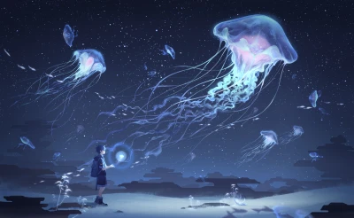 星空下的水母之旅 水母 星空 幻想 4K