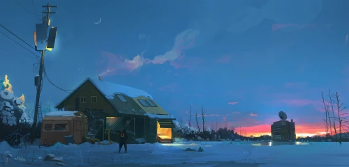 雪夜小屋 冬季 雪景 黄昏 1080P