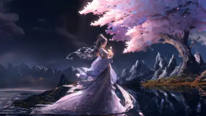 月下樱花仙子 奇幻场景 唯美风格 粉色樱花 4K