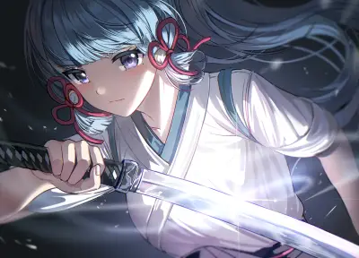 持剑的蓝发少女 动漫 少女 武士刀 SD