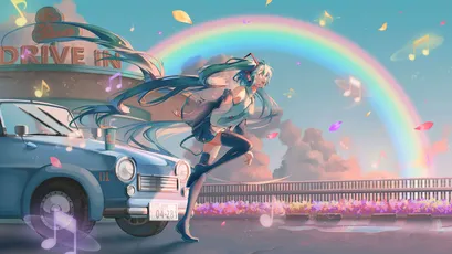 彩虹下的少女 动漫风格 梦幻场景 蓝色调 4K