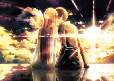夕阳下的并肩身影 黄昏 动漫风格 暖色调 1080P