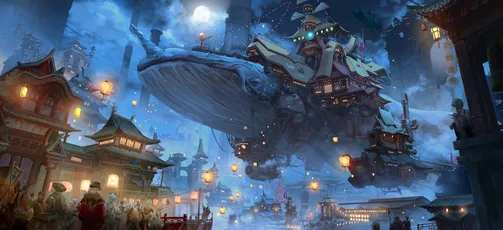 浮空鲸舟夜景 奇幻 东方建筑 飞行岛屿 4K