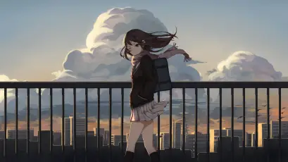 天桥上的少女 动漫风格 黄昏 城市剪影 1080P