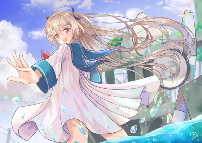 风中少女与水花 动漫 少女 长发 4K