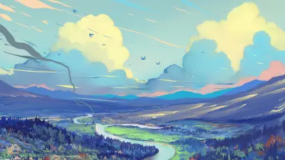 山谷河流风光画 山水画 梦幻风格 蓝绿色调 4K