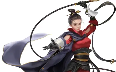 红衣执鞭侠女 动漫风格 红色 蓝色披风 1080P
