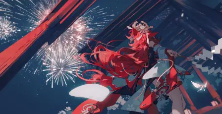 红衣少女与绚烂烟火 动漫 烟花 红色 4K