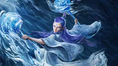 水神驭浪 奇幻 水墨风格 蓝色调 4K