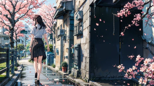 樱花巷中漫步少女 春日街景 日系插画 樱花飘落 4K