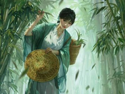 竹林采笋少女 古风 插画 竹林 2K