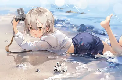 海边摄影少女 海滩 动漫风格 浅色系 1080P