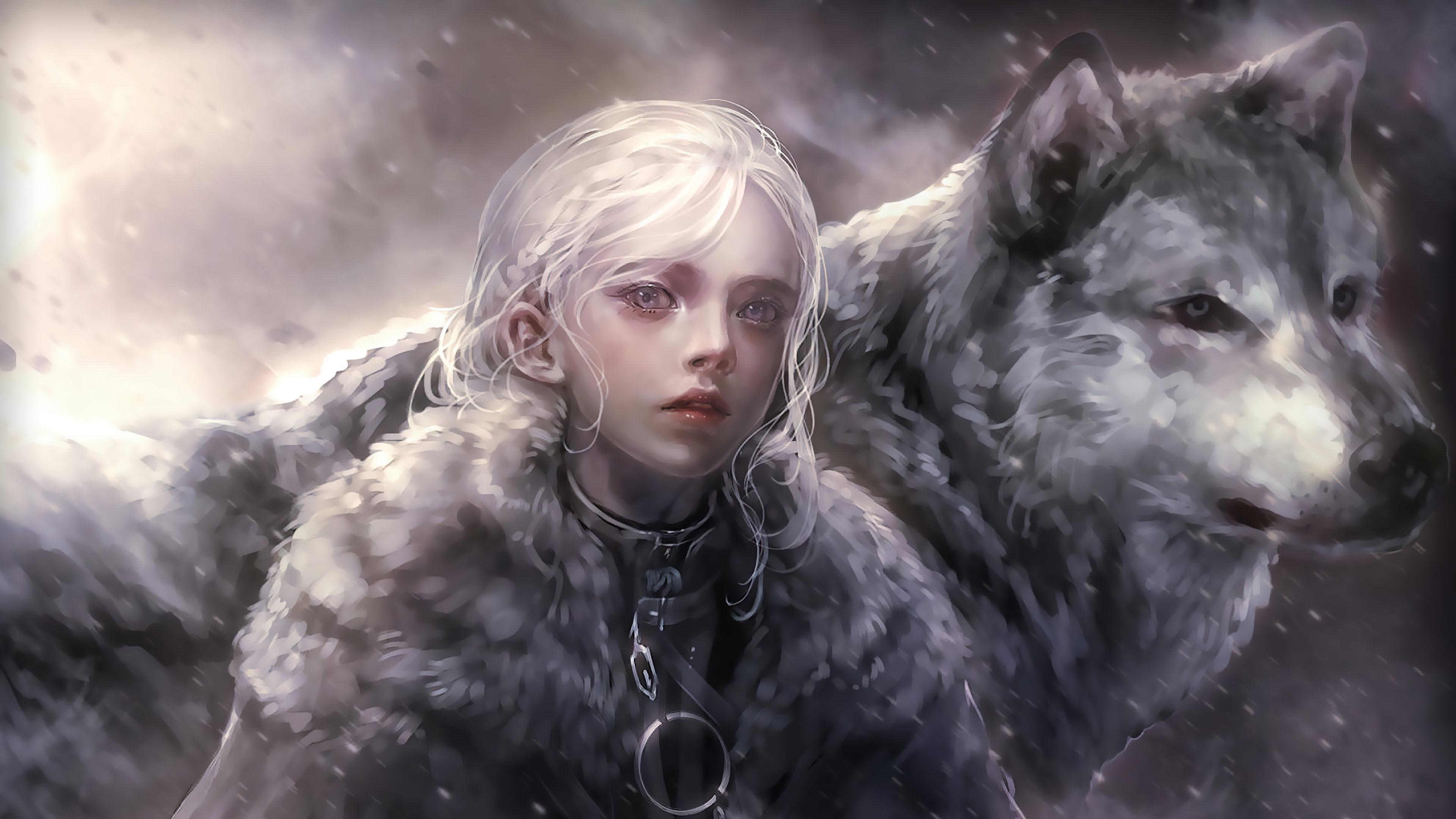 雪中少女与狼 奇幻场景 数字艺术 冷色调 4K