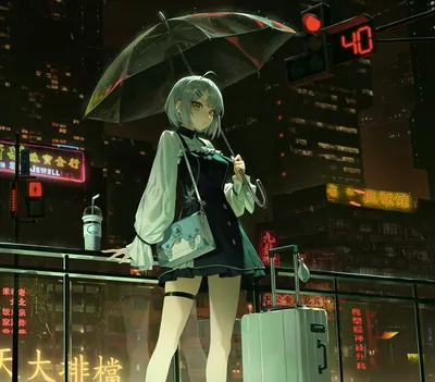 夜景下的少女 城市夜景 动漫风格 绿色调 2K