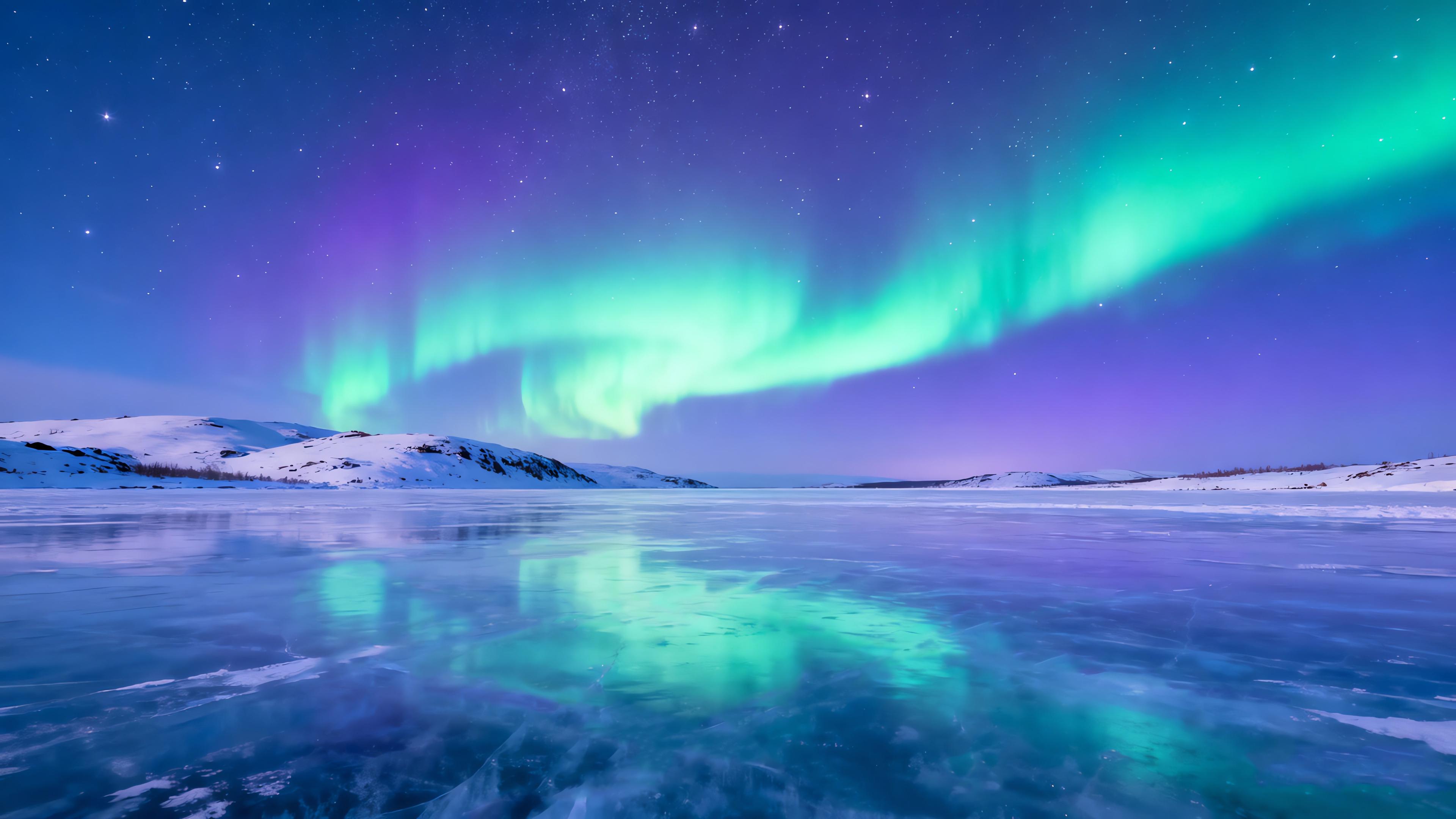 极光下的冰封湖面 极光 夜景 冰雪 4K