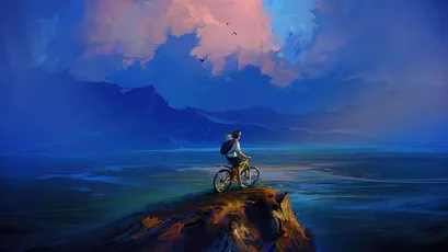 山巅自行车骑行者 自然风景 插画风格 蓝色天空 4K