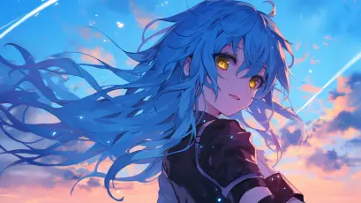 蓝发少女的黄昏 动漫风格 蓝发少女 黄昏天空 1080P