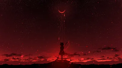 红夜弓手 夜景 动漫风格 红色调 1080P