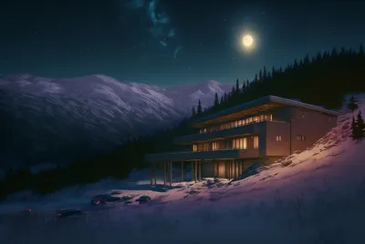 雪夜山居 雪山 夜景 现代建筑 2K