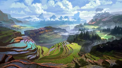 梯田风光 风景 绘画 色彩 8K