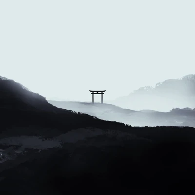 雾中神社剪影 山景 日式 朦胧 4K