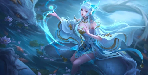 冰蓝龙女与灵龙 游戏角色 奇幻 女性 4K