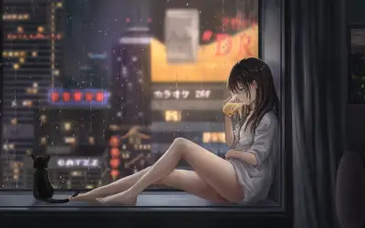 雨夜窗边的少女 动漫插画 少女 夜景 1080P