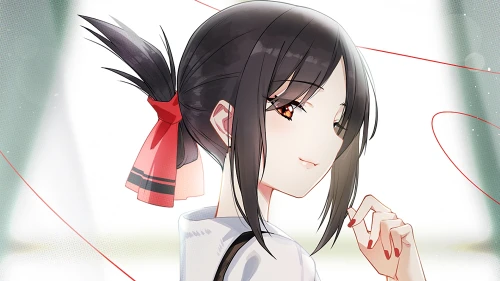 黑发少女侧颜微笑 动漫风格 室内场景 红色发饰 1080P