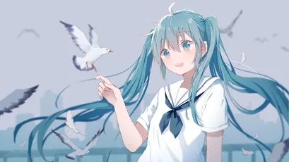 海鸥与少女 动漫风格 蓝色头发 白色校服 1080P