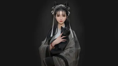 黑猫少女 动漫风格 黑色背景 黑猫 4K