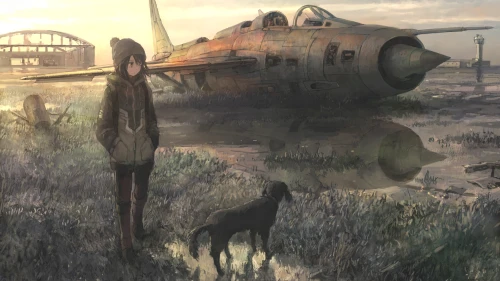 荒废机场的黄昏 动漫风格 废墟 黄昏 1080P