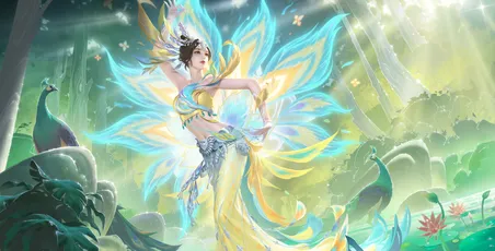 孔雀仙子 森林 幻想艺术 蓝色黄色 8K