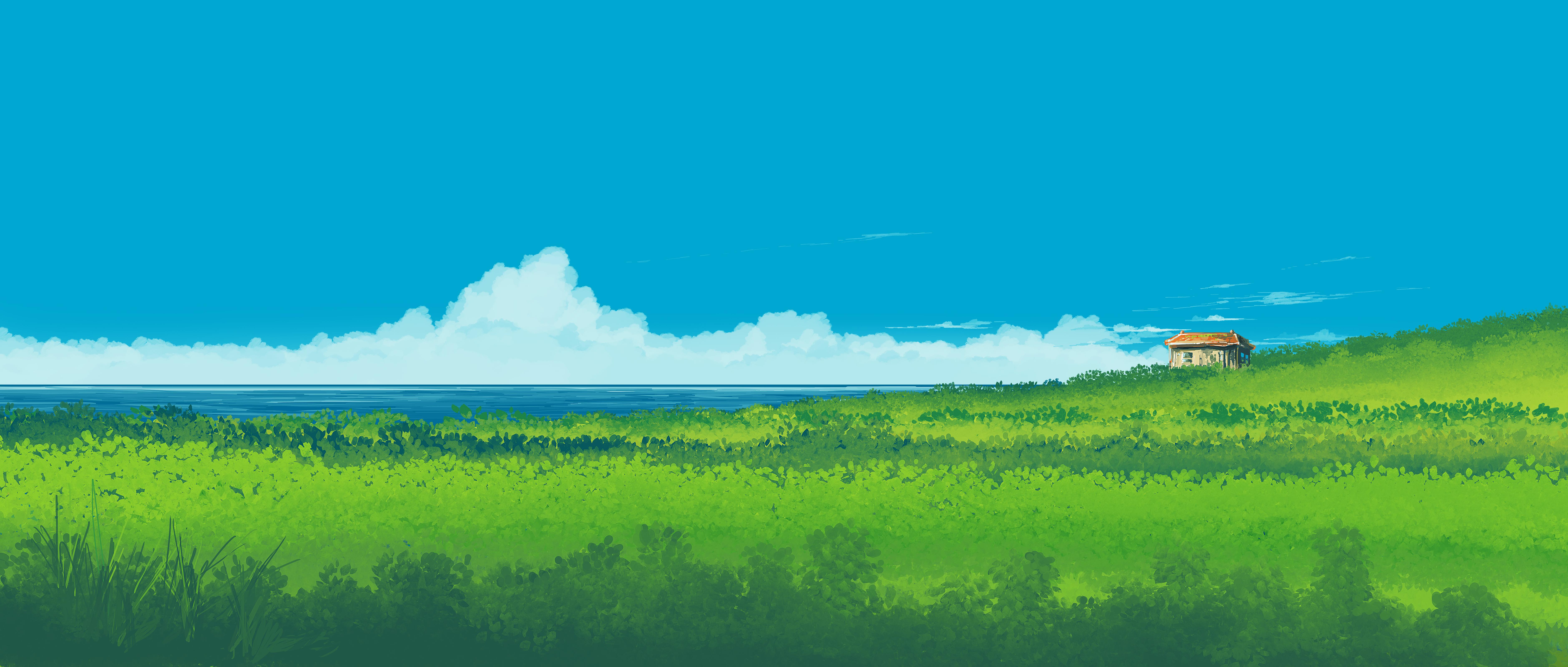 海边小屋 风景 卡通 蓝色 4K