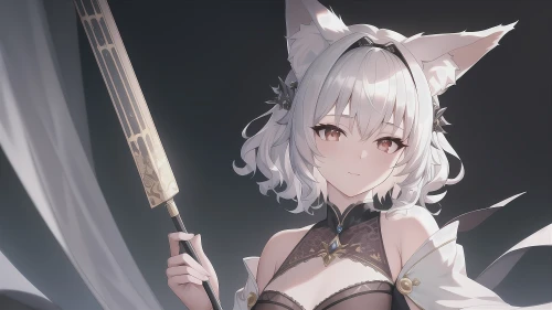 猫耳少女持扇 动漫 幻想 猫耳 4K