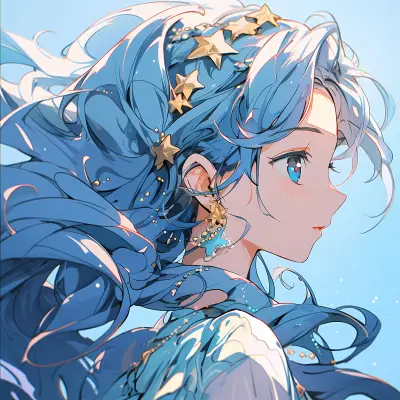 星空蓝发少女 动漫 插画 侧脸 4K