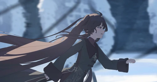 冬日雪景中的长发角色 冬季 雪地 动漫风格 1080P