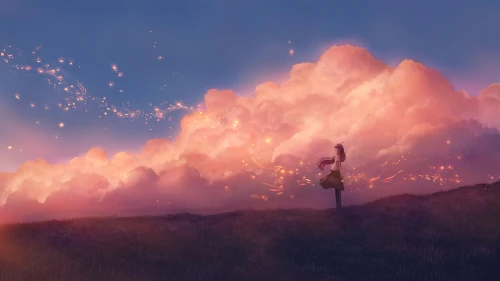 少女与粉色云海 动漫 黄昏 云海 1080P