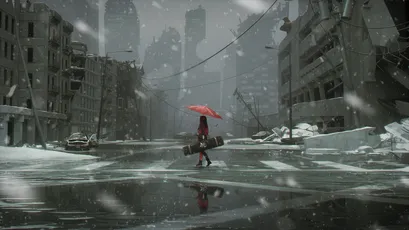 雪中红伞行 雪景 城市废墟 红色雨伞 2K