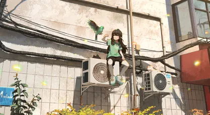 城市中的少女与鸟 城市生活 卡通风格 绿色植物 4K