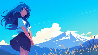 山景少女 动漫风格 自然风光 蓝色天空 4K