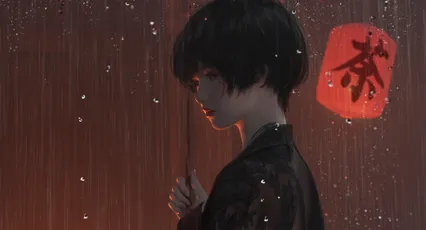 雨夜持灯人 雨夜 动漫风格 红色灯笼 2K