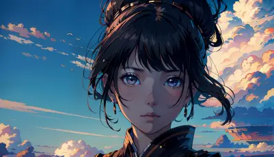 暮云下的少女 动漫风格 黄昏天空 蓝紫色调 1080P