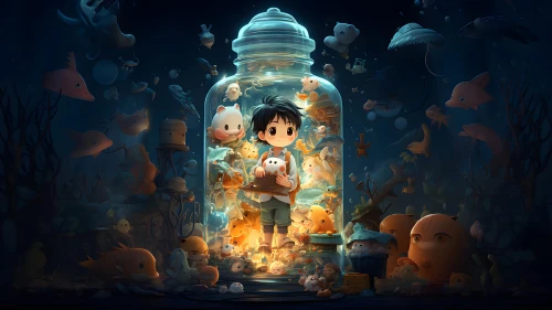 瓶中梦游 梦幻场景 插画风格 深蓝色调 4K