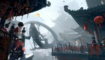 龙腾古街 古代街道 龙 红色灯笼 4K