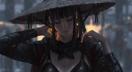 雨中撑伞的黑衣少女 雨天 斗笠 动漫风格 4K
