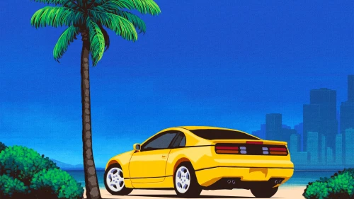黄色跑车海滩夕阳 海滨场景 卡通风格 黄色汽车 1080P