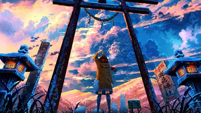 黄昏下的神社 黄昏 神社 动漫风格 4K