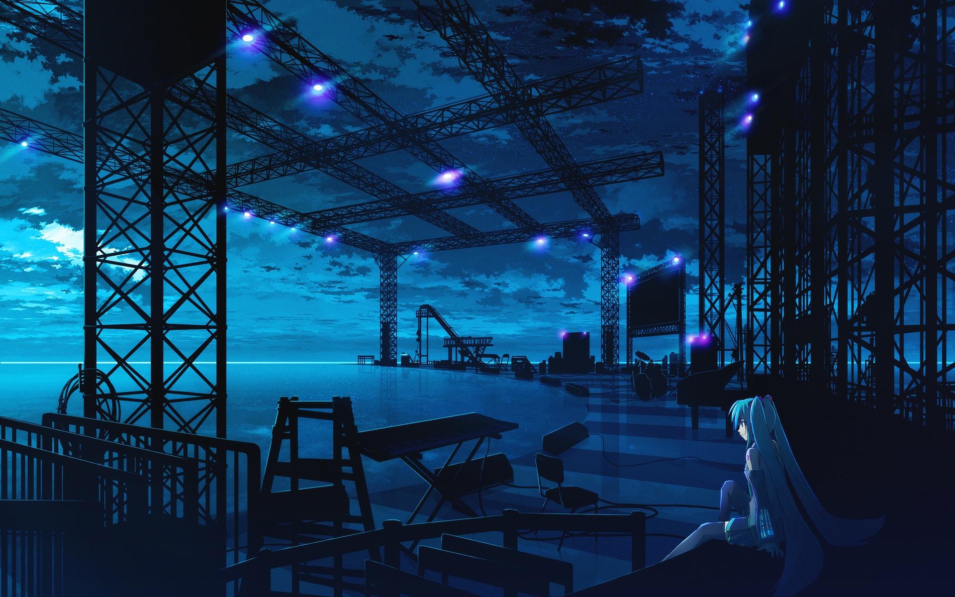 夜幕舞台的孤独少女 动漫风格 夜景 蓝色调 1080P