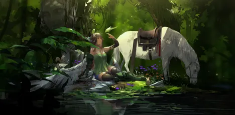 森林中的休憩 奇幻森林 插画风格 绿色调 2K