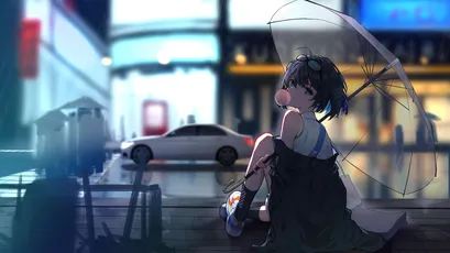 雨中孤独的少女 夜晚 城市 动漫风格 4K